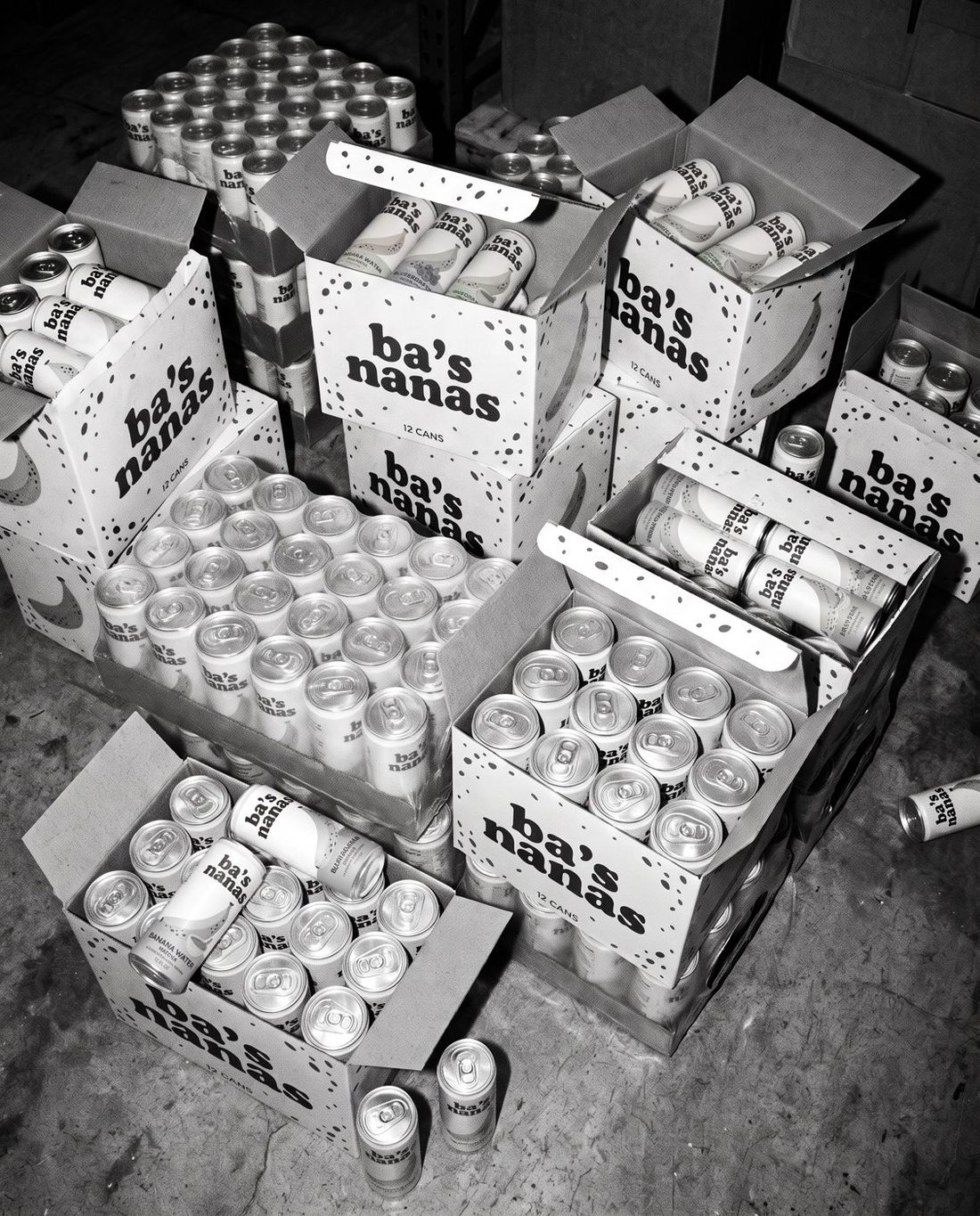 Cases of Ba's Nanas in a warehouse